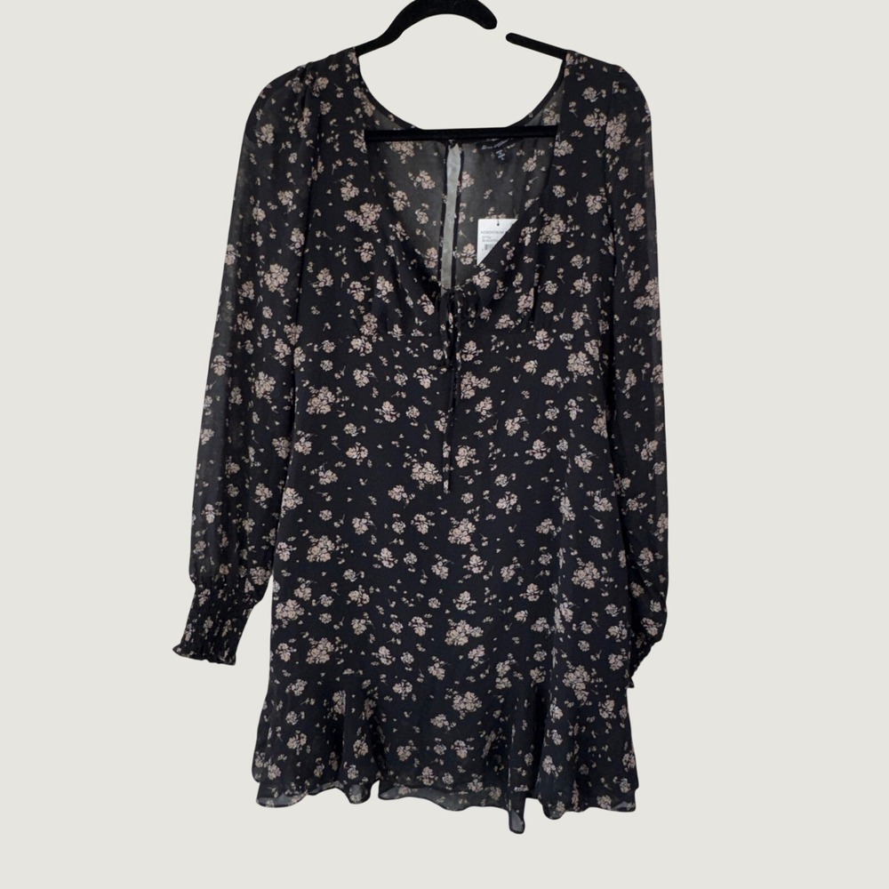 Ever After Floral Mini Dress L Black Taupe Cottagecore Boho Ruffle‎ Long Sleeve